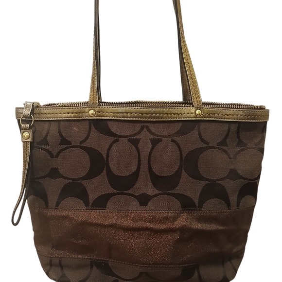 Coach Y2K 2000s Brown Sparkle Logo Signature Vintage Tote Gold Metallic Accents - Picture 1 of 16